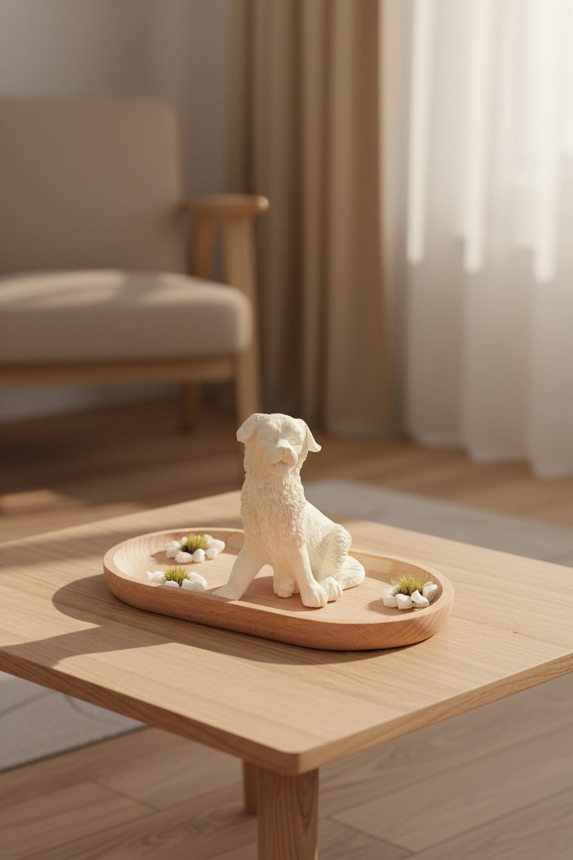 A small cream-colored Border Collie figurine mounted on a light natural wood oval plaque with white flower details, photographed against a plain off-white wall.