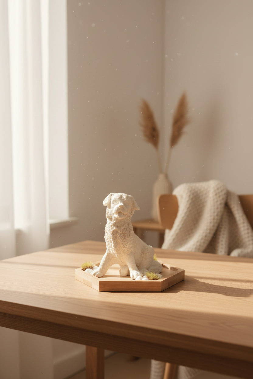A small off-white animal figurine mounted on a light wood hexagonal plaque, photographed against a plain light gray wall with the figurine positioned on the right side.