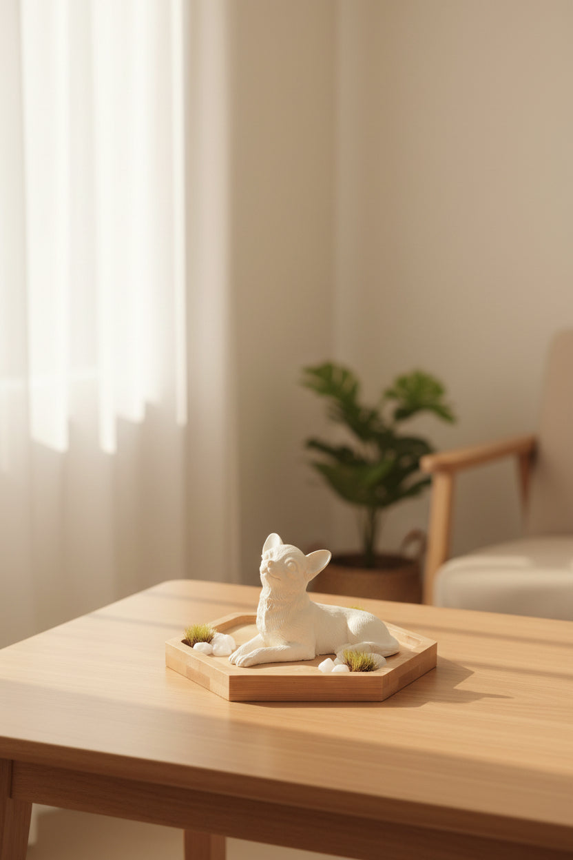 A small decorative wall piece featuring a white chihuahua figurine mounted inside a hexagonal wooden frame with dried greenery, shown against a plain light gray wall.