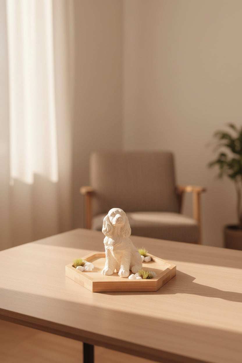 A small white dog sculptural figure mounted on a hexagonal light wood plaque with a few green and white decorative elements, photographed against a plain off-white wall with the product occupying the right side of the frame.