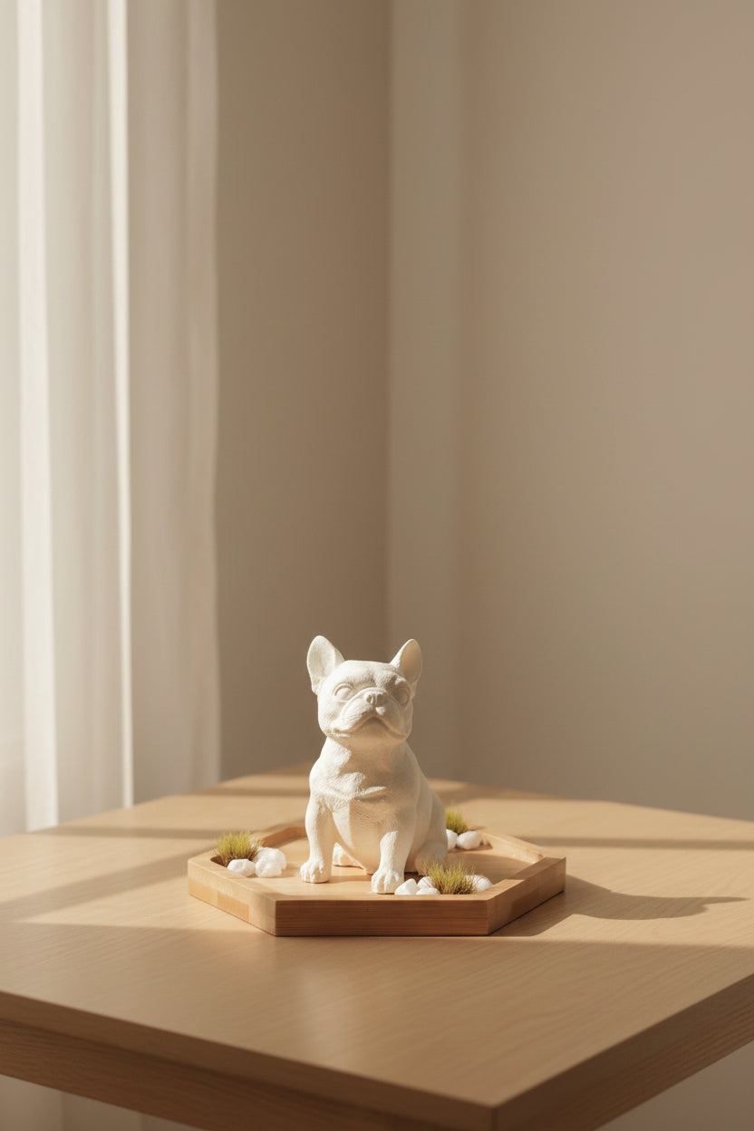 A white ceramic dog figurine standing on a small hexagonal wooden tray with green moss accents, mounted on a plain light gray wall.