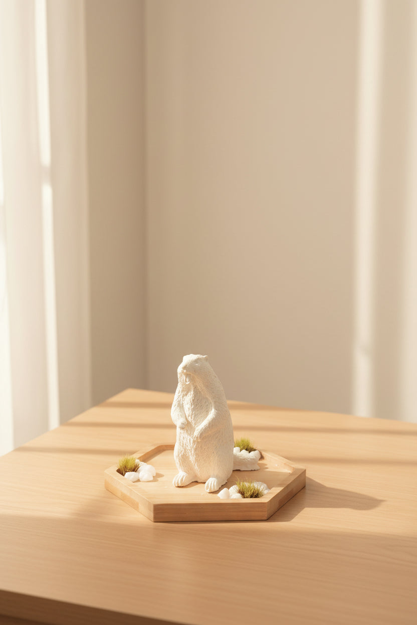 A white sculptural Marmot figurine mounted on a light wood hexagonal plaque, displayed against a plain off-white wall.