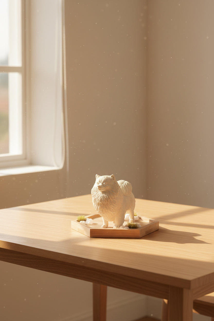 A small white cat figurine standing on a hexagonal wooden plaque with tiny green and white decorative accents, mounted against a plain light gray wall.