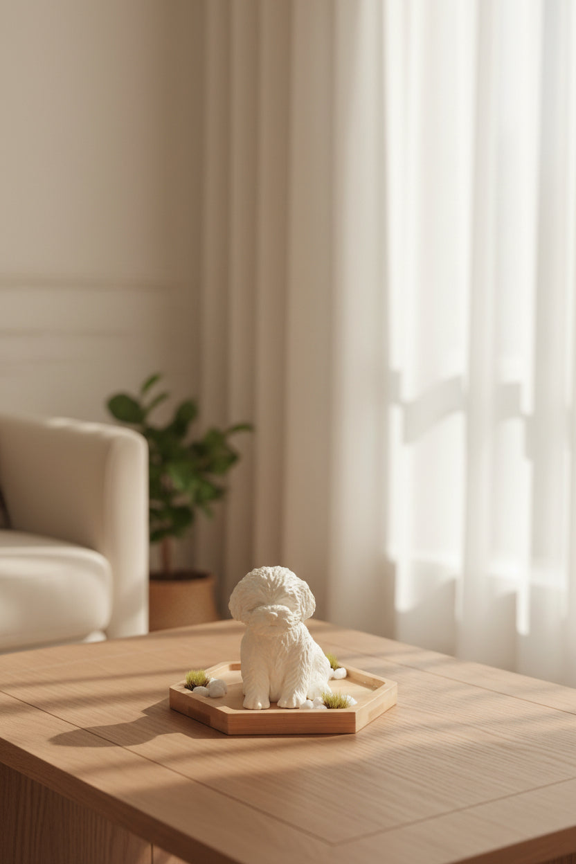 A small Puppy figure displayed on a light wood hexagonal mount against a plain off-white wall, with a few small green and white dried accents.
