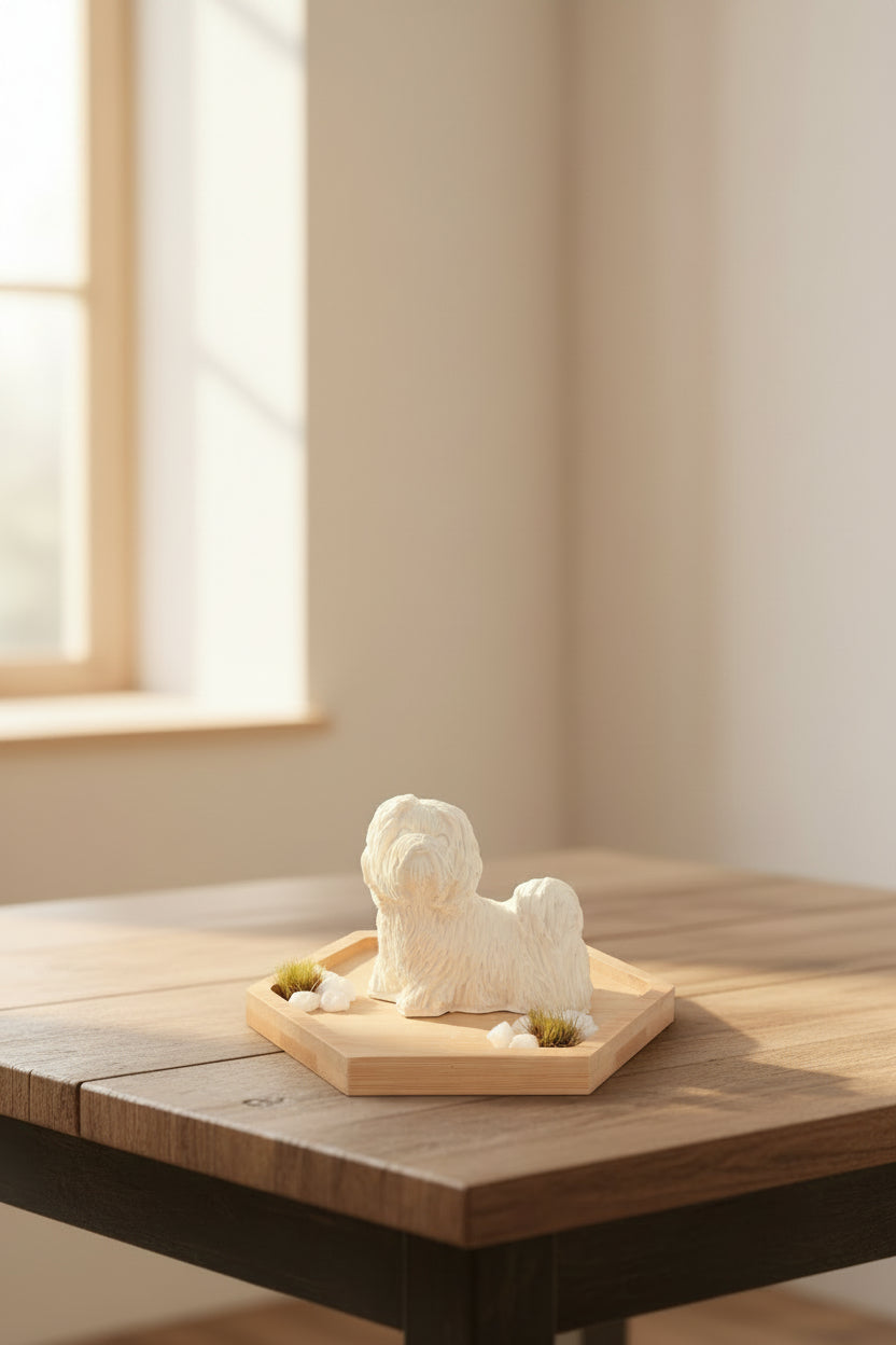 A small white ceramic dog figurine mounted on a hexagonal wooden plaque with tiny green and white decorative accents, shown against a plain off-white wall.