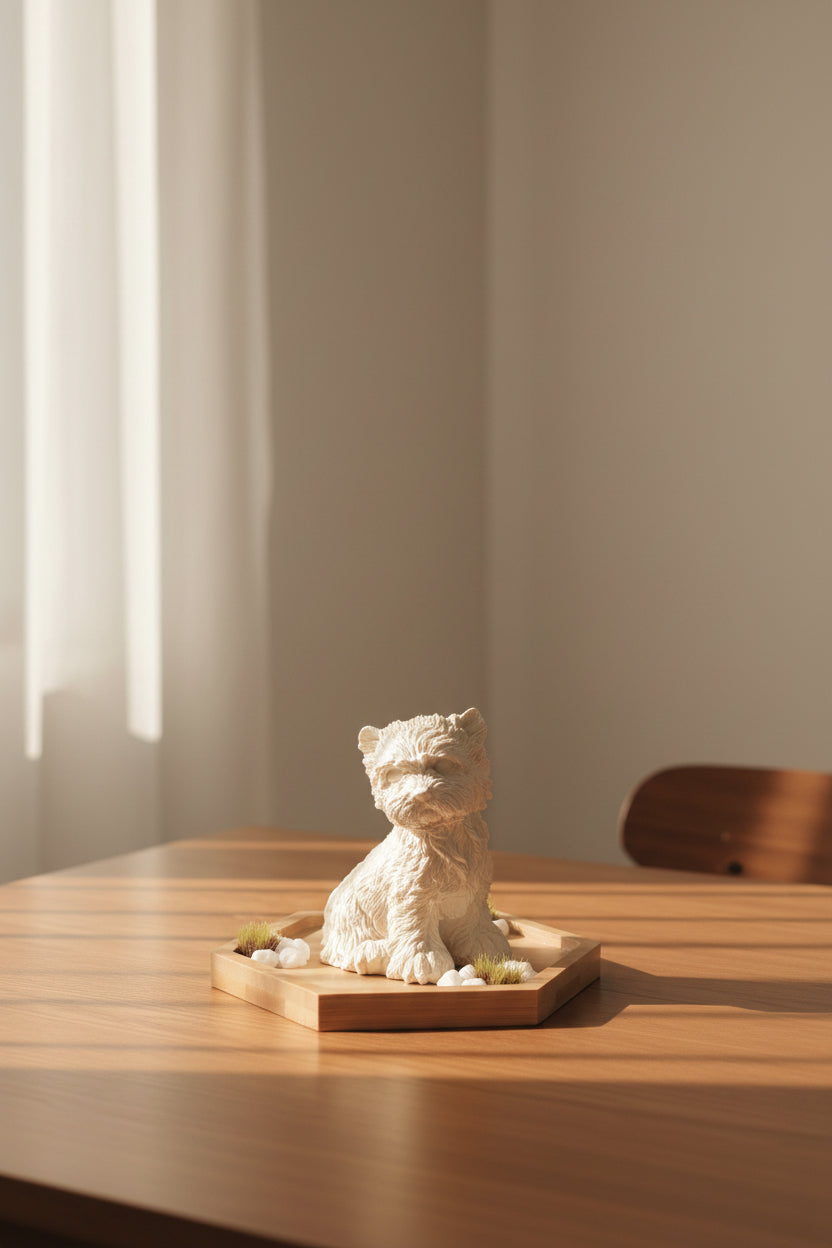 A small cream-colored Westie figurine posed inside a hexagonal wooden display tray with a few white and green decorative accents, mounted against a plain light gray wall.